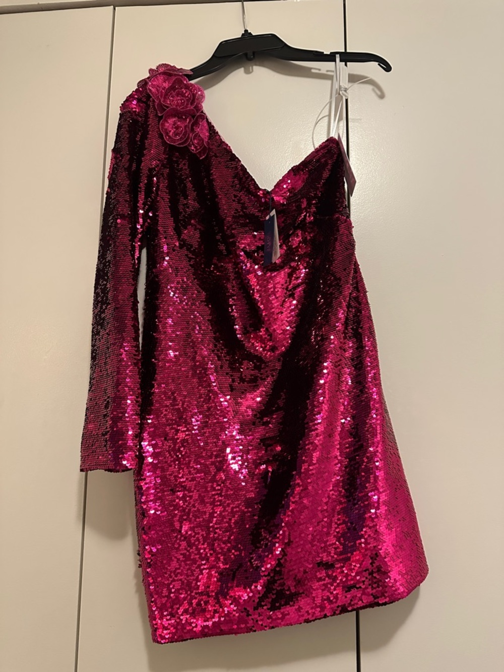 One-Shoulder Sequin Mini Dress in Fuchsia with Floral Shoulder Accent